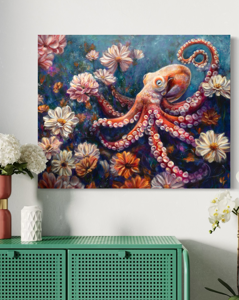 Colorful painting of an octopus among flowers on a wall above a green cabinet.