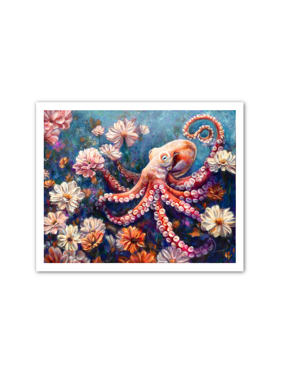 Colorful painting of an octopus among flowers on a white background
