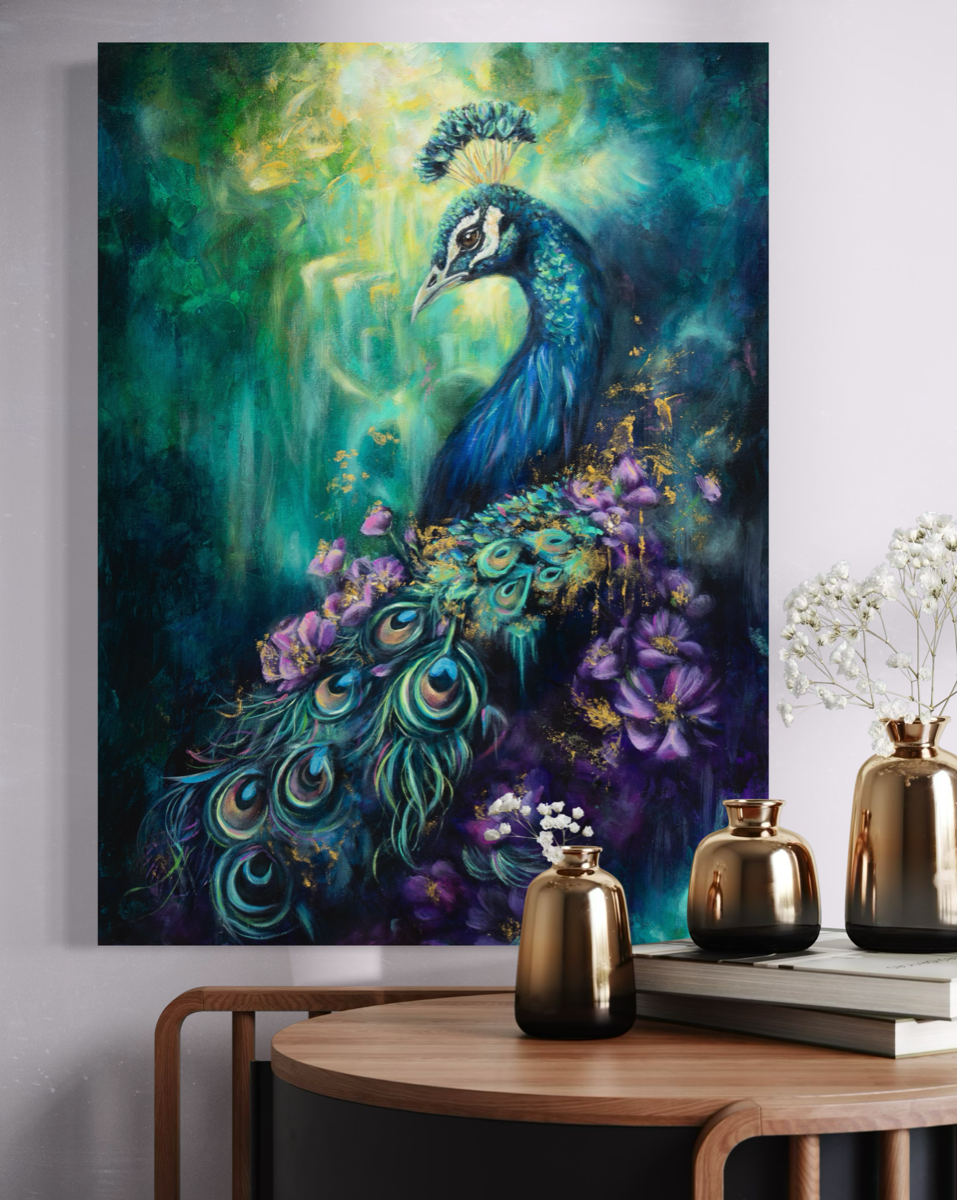 Painting of a peacock with vibrant colors on a wall above a wooden table with decorative items.