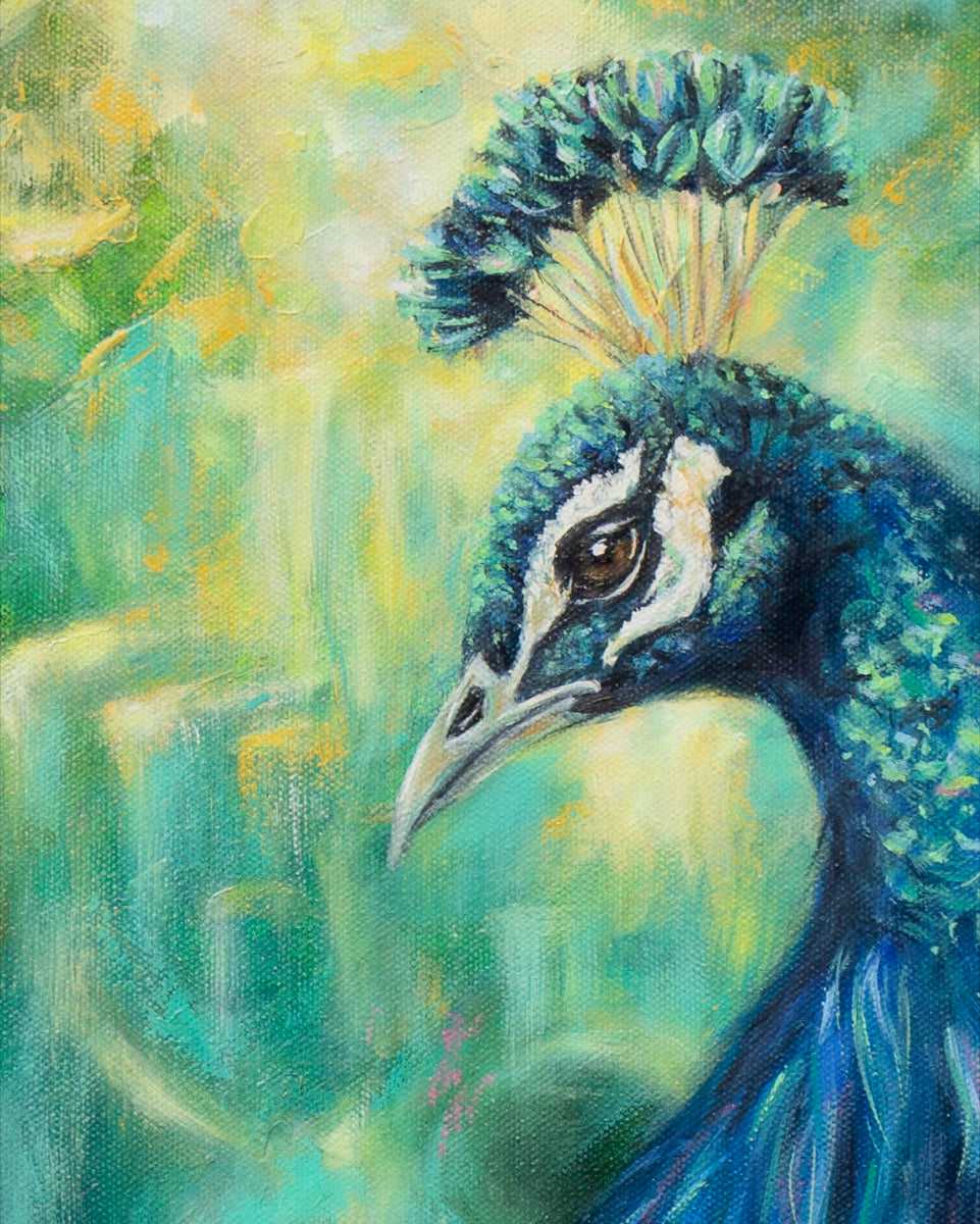 Artistic depiction of a peacock with vibrant colors and detailed feathers.