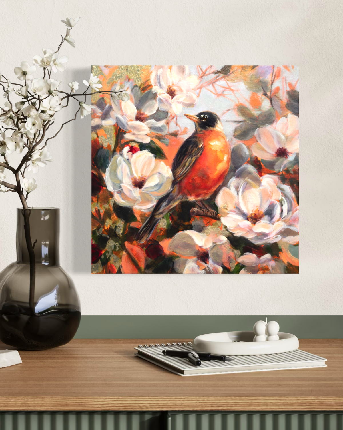 Original oil painting of an American Robin among flower by Alexiss Malolo, titled In Good Company.