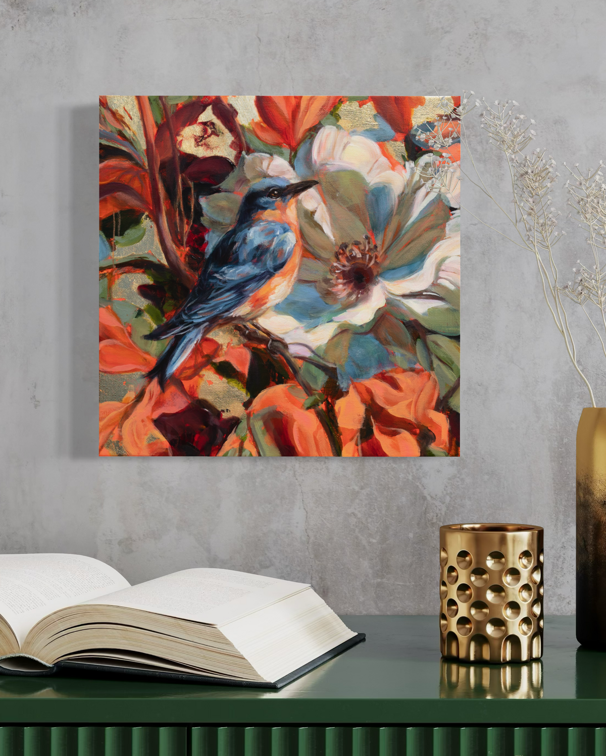 Original oil painting of an eastern bluebird among flower by Alexiss Malolo, titled Out of the Blue.