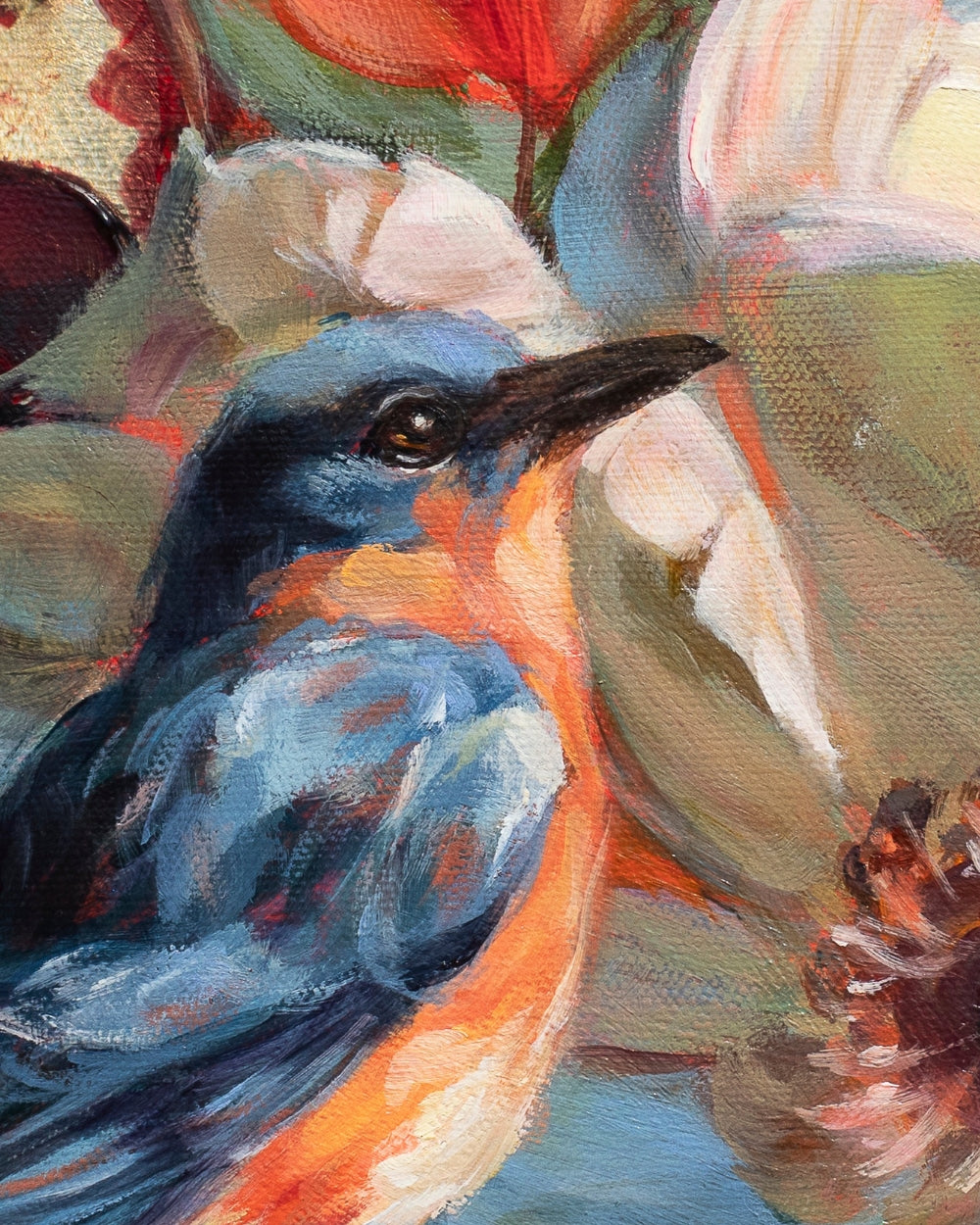 Close-up of an oil painting depicting a bluebird perched on a branch, rendered in expressive brushstrokes of blue, orange, red, green, and brown from the painting Out of the Blue by Alexiss Malolo.