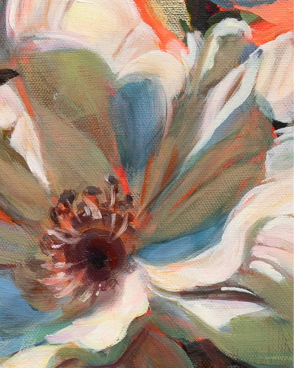 Close-up of an oil painting depicting a bluebird perched on a branch, rendered in expressive brushstrokes of blue, orange, red, green, and brown from the painting Out of the Blue by Alexiss Malolo.