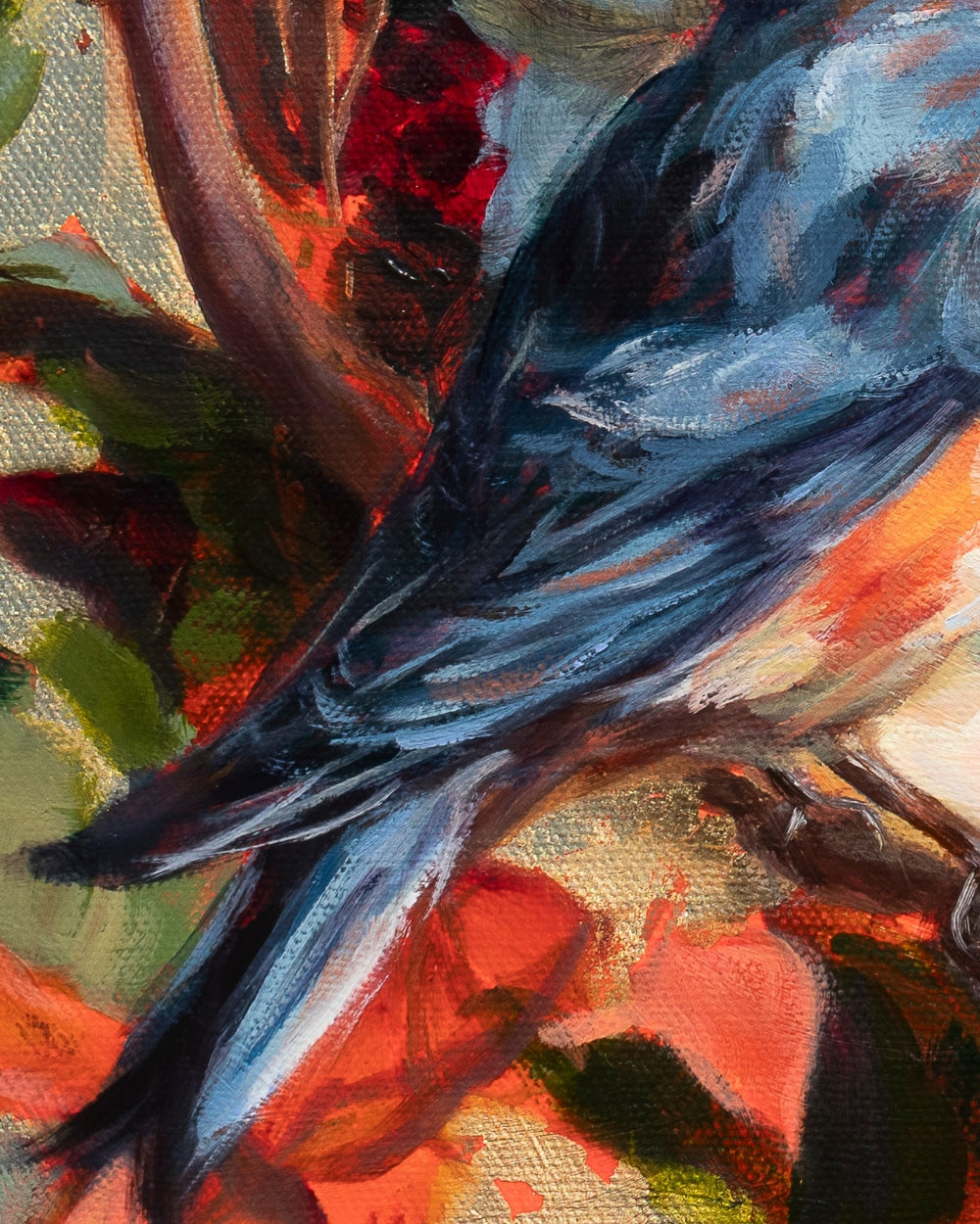 Close-up of an oil painting depicting a bluebird perched on a branch, rendered in expressive brushstrokes of blue, orange, red, green, and brown from the painting Out of the Blue by Alexiss Malolo.