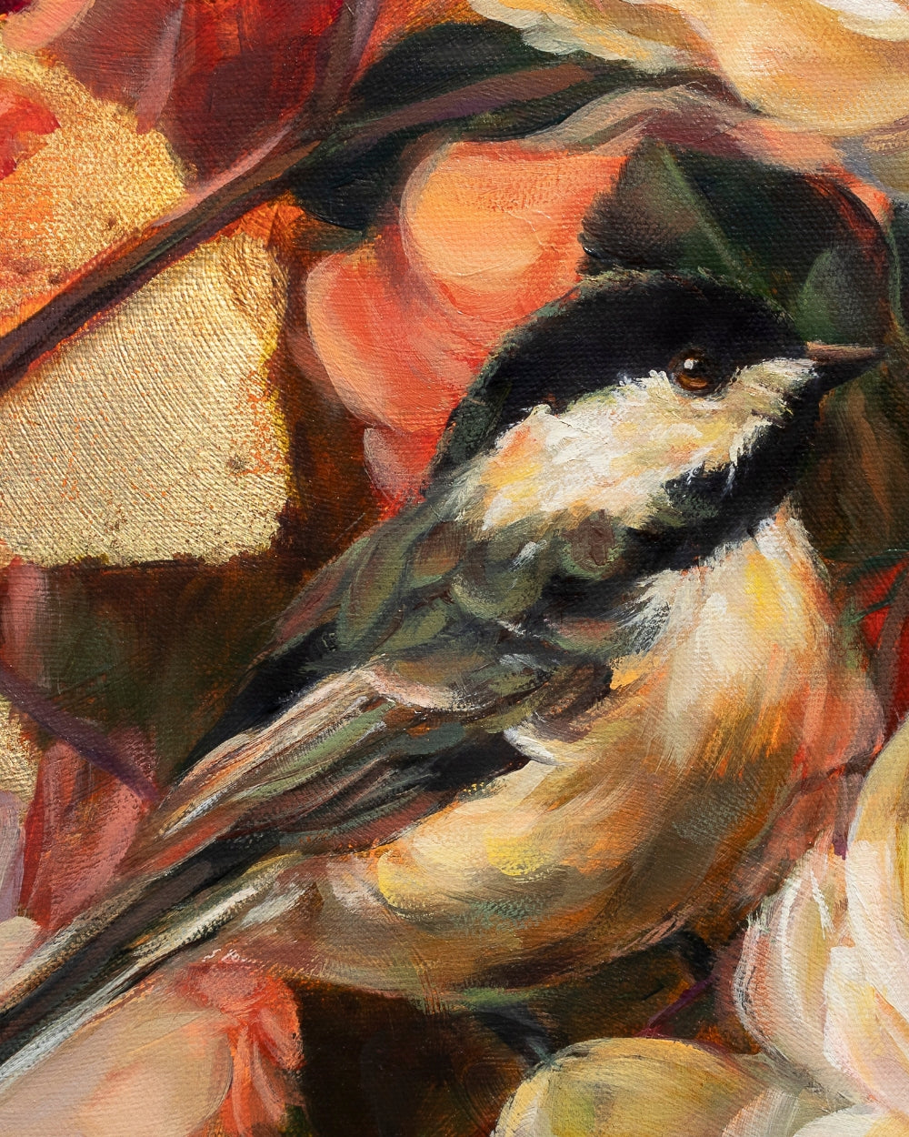 A close-up oil painting of a chickadee bird in profile, surrounded by warm autumn leaves in red, orange, yellow, and dark green tones, from the original oil painting Small Talk by Alexiss Malolo.