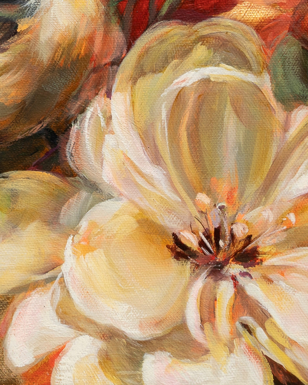 Close-up oil painting of large pale yellow and cream flowers with warm orange, red, and green background tones, from the original oil painting Small Talk by Alexiss Malolo.