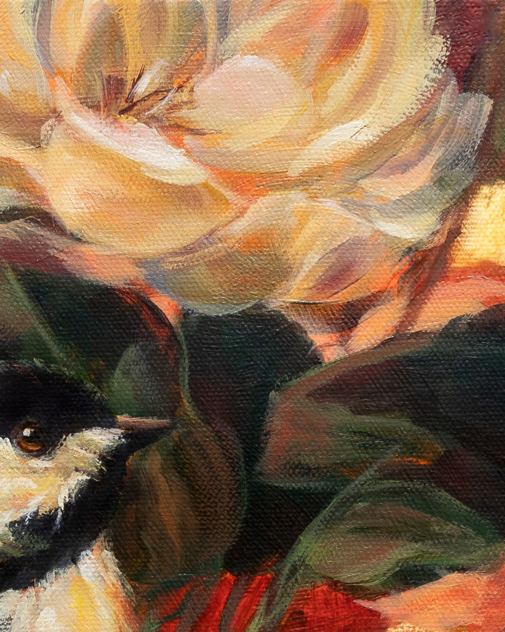 A close-up oil painting of a chickadee bird in profile, surrounded by warm autumn leaves in red, orange, yellow, and dark green tones, from the original oil painting Small Talk by Alexiss Malolo.