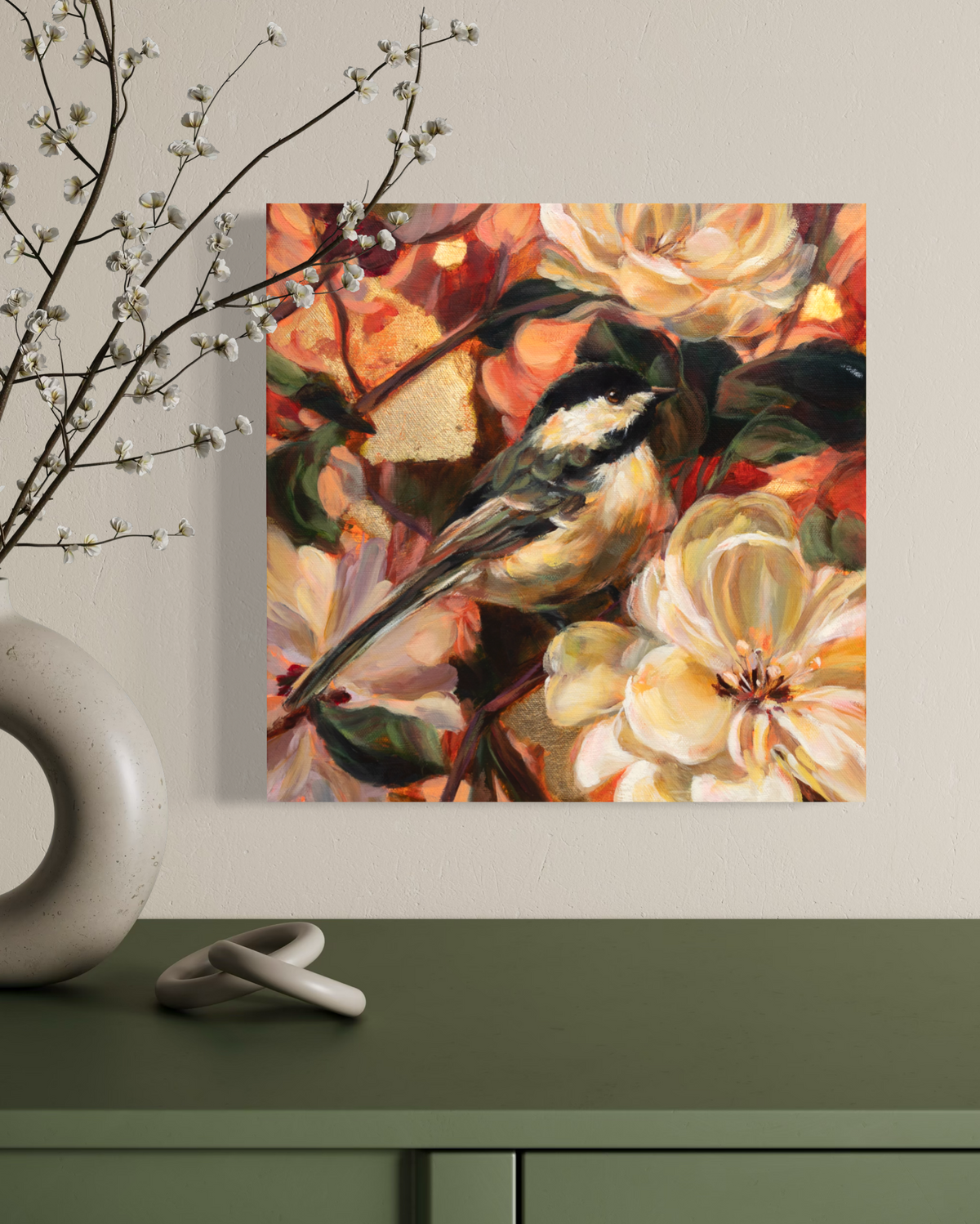 Original oil painting of a chickadee among flower by Alexiss Malolo, titled Small Talk.